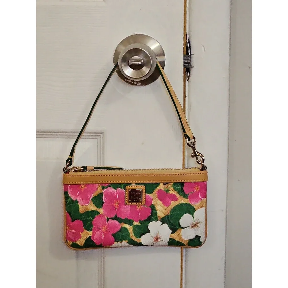 Dooney & Bourke Pink And White Tropical Pansies & Hibiscus Basketweave Wristlet